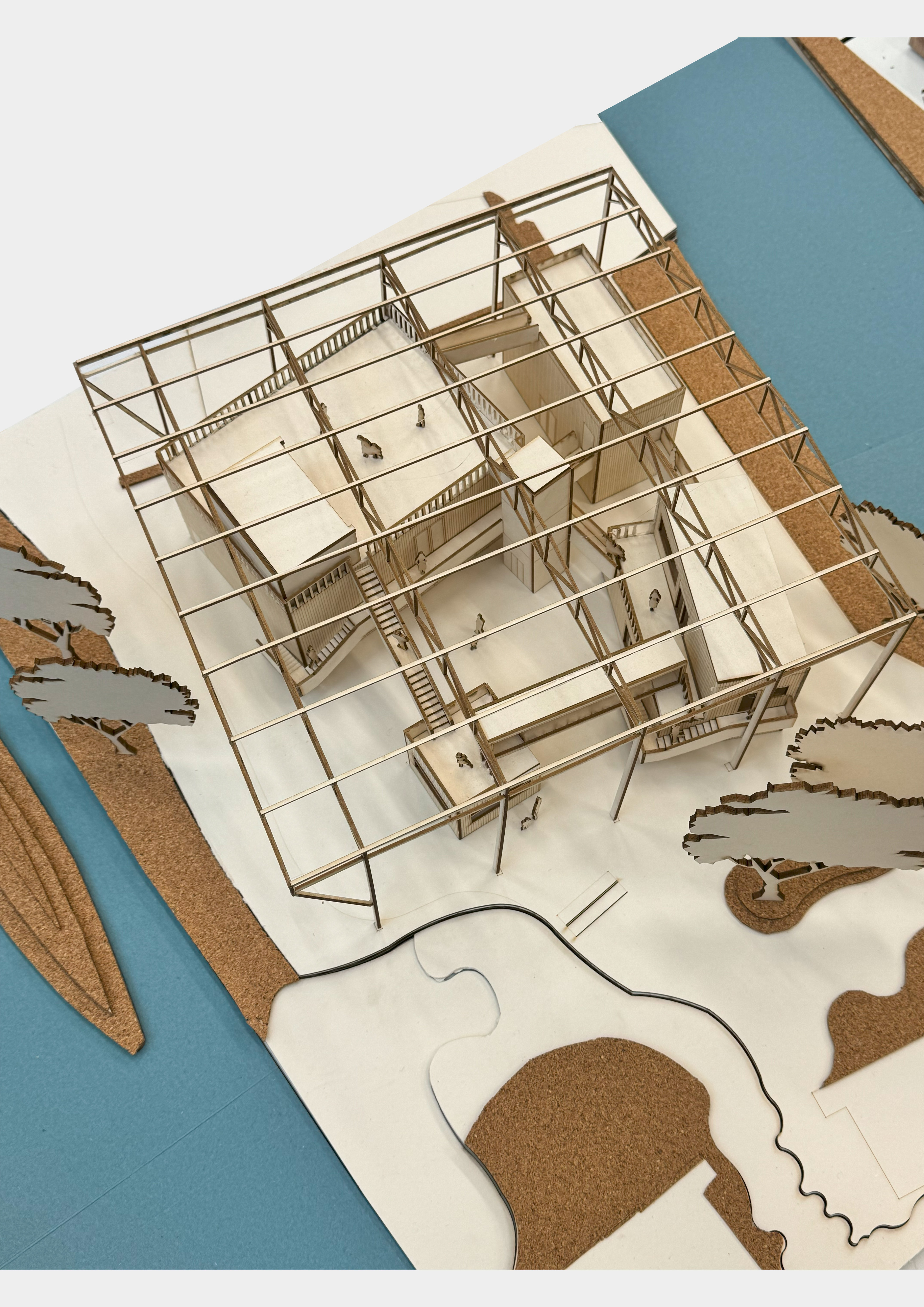 Aerial view of architectural model showing structural grid and spatial organization