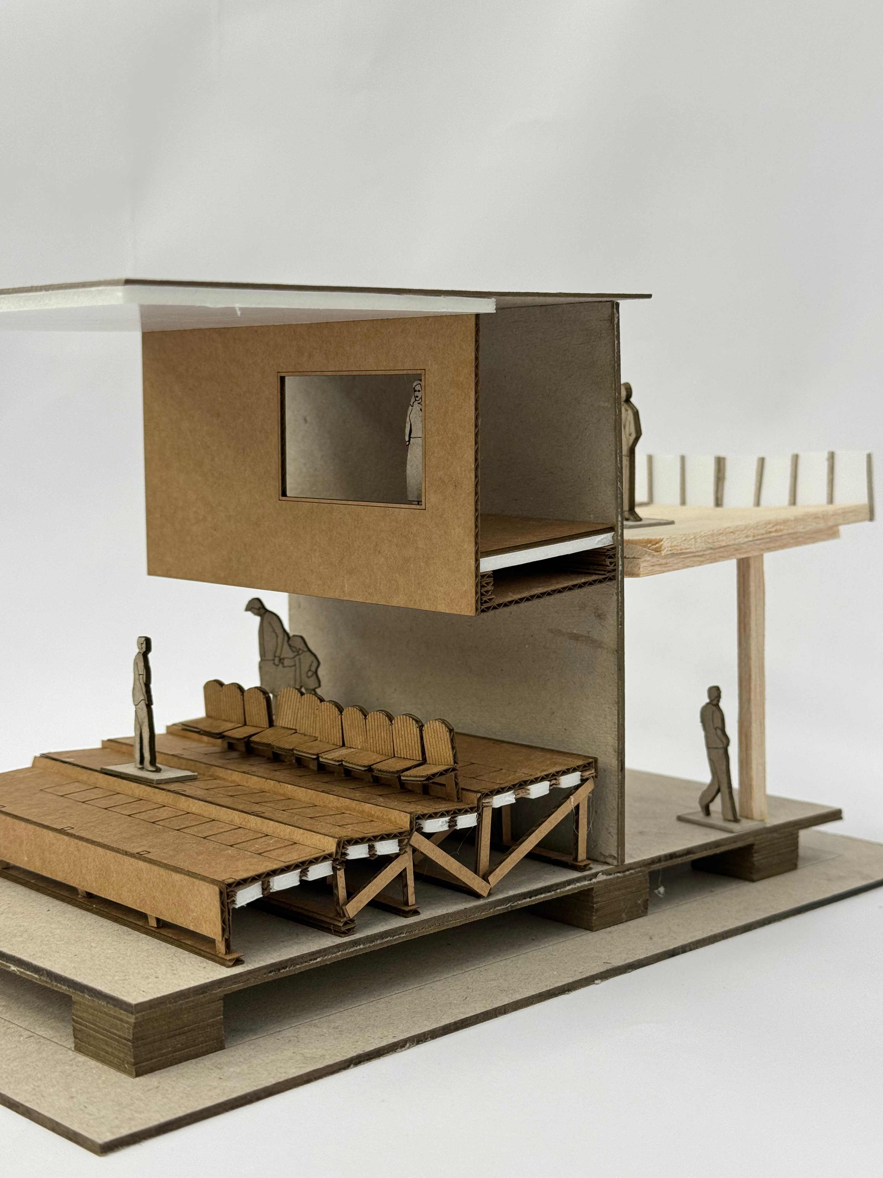 Detailed sectional model showing timber boxes under steel shed framework