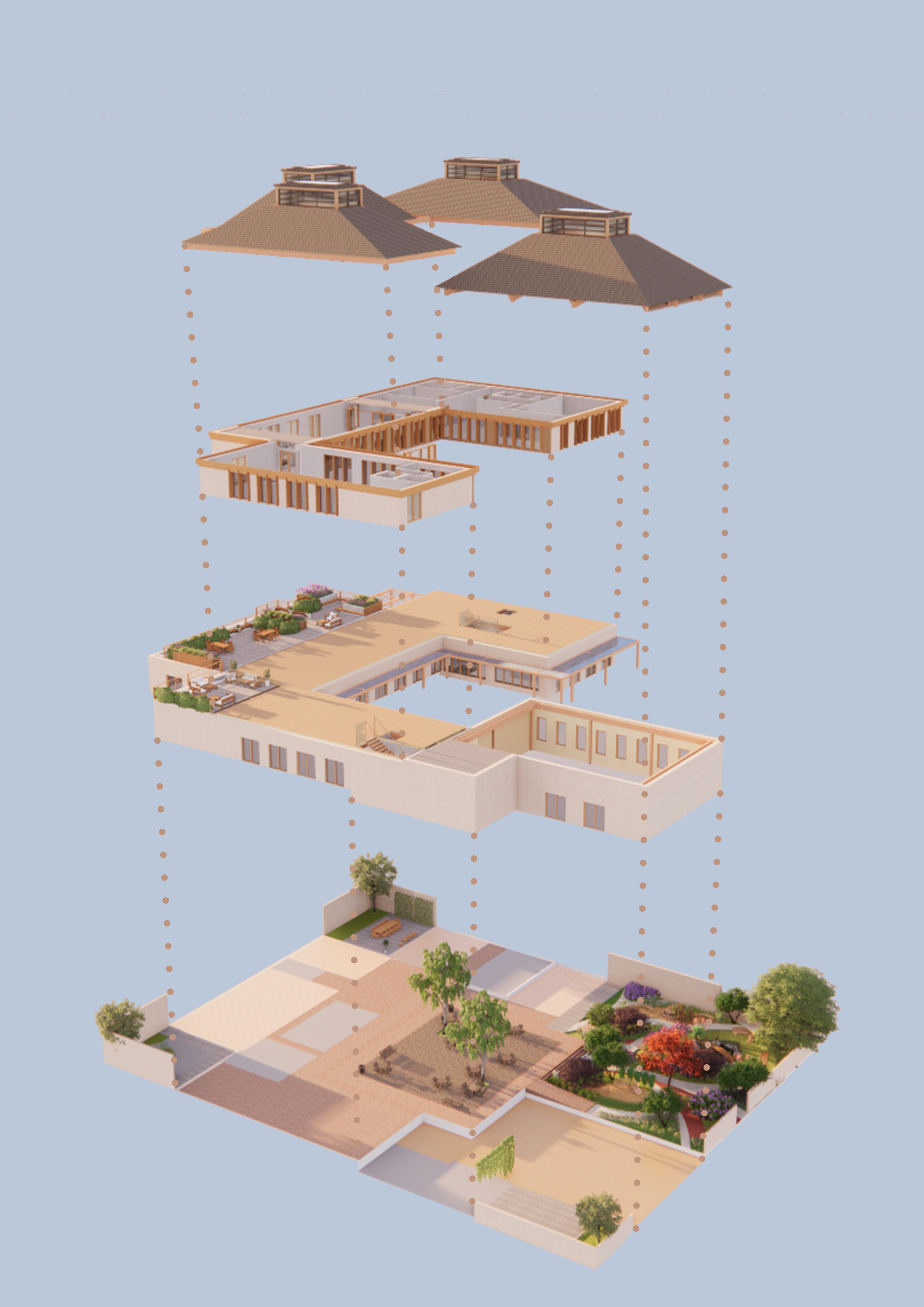 Exploded axonometric diagram showing building and landscape integration