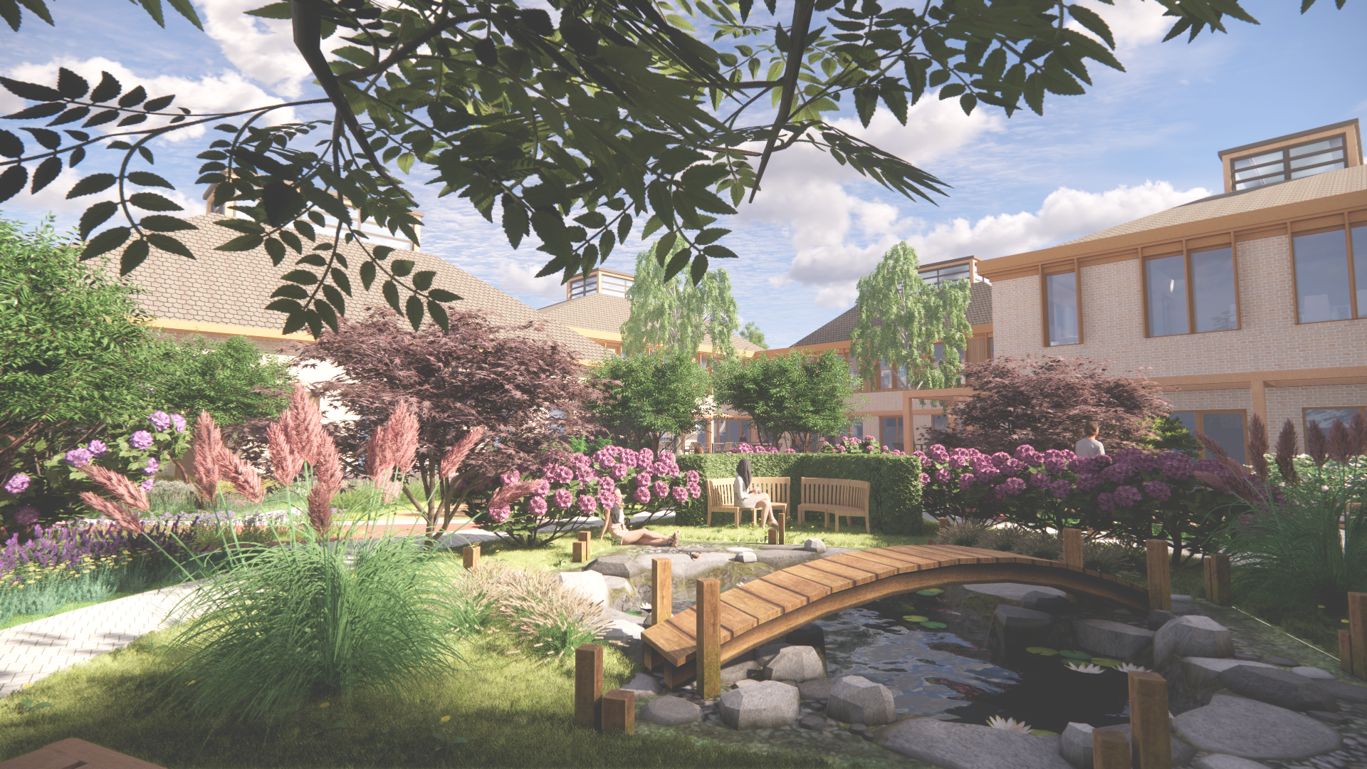 Rendered view of sensory garden with wooden bridge and water feature