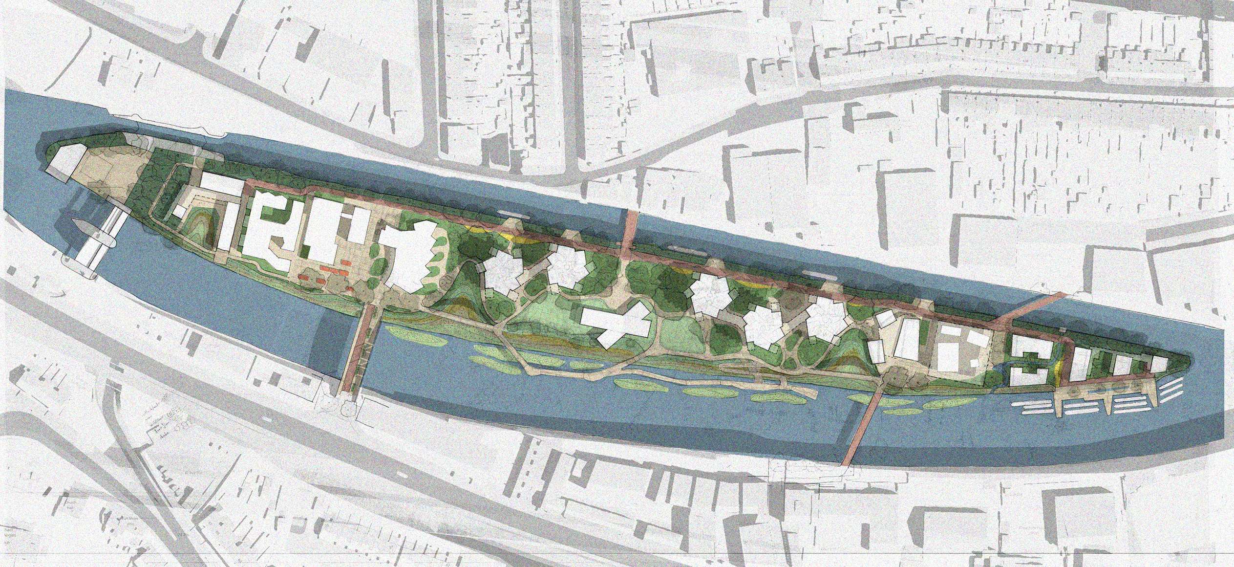 Aerial masterplan view showing phased development across Weston Island