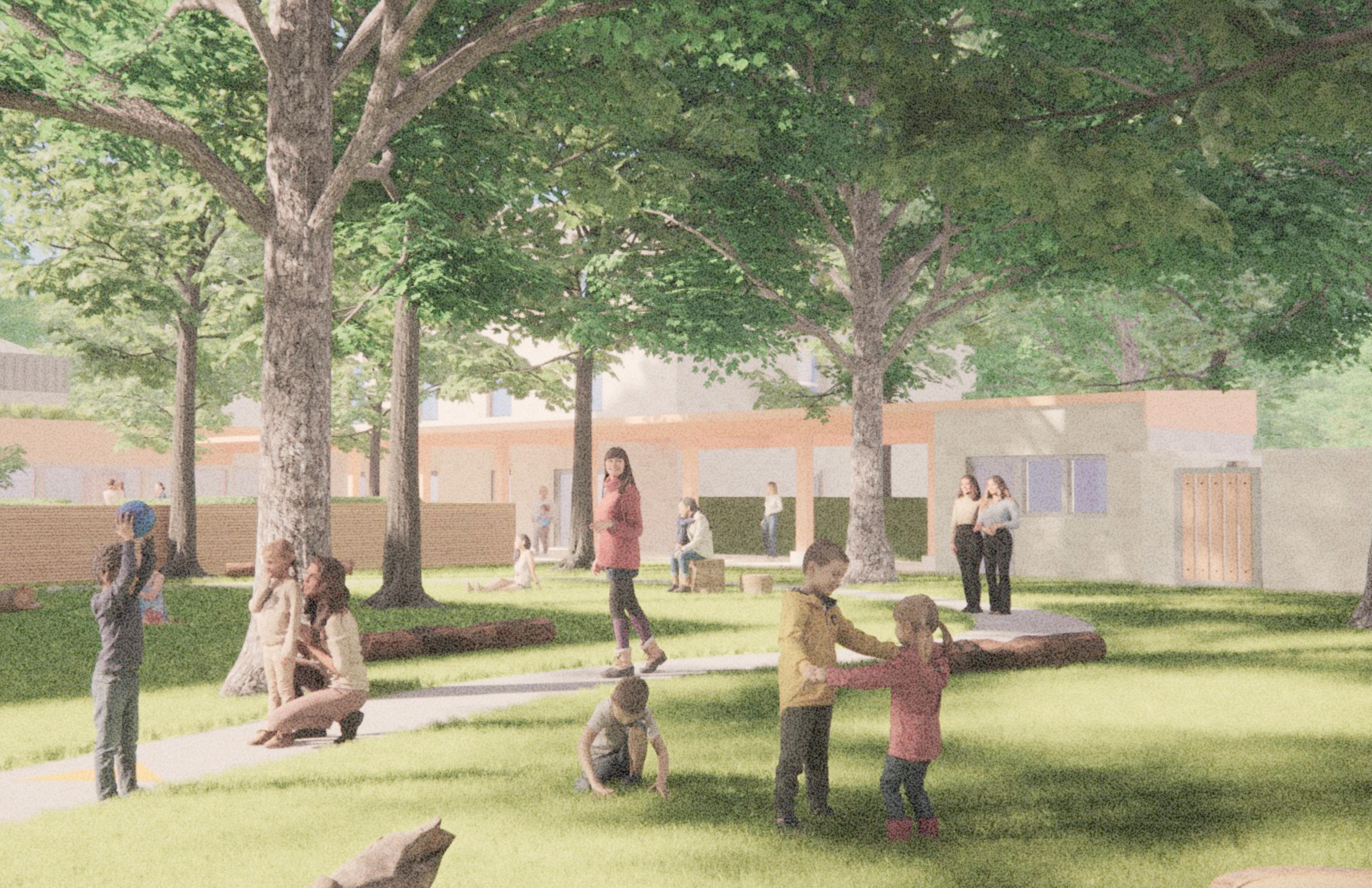 Exterior rendering of The Urban Hearth showing a park-like courtyard with people