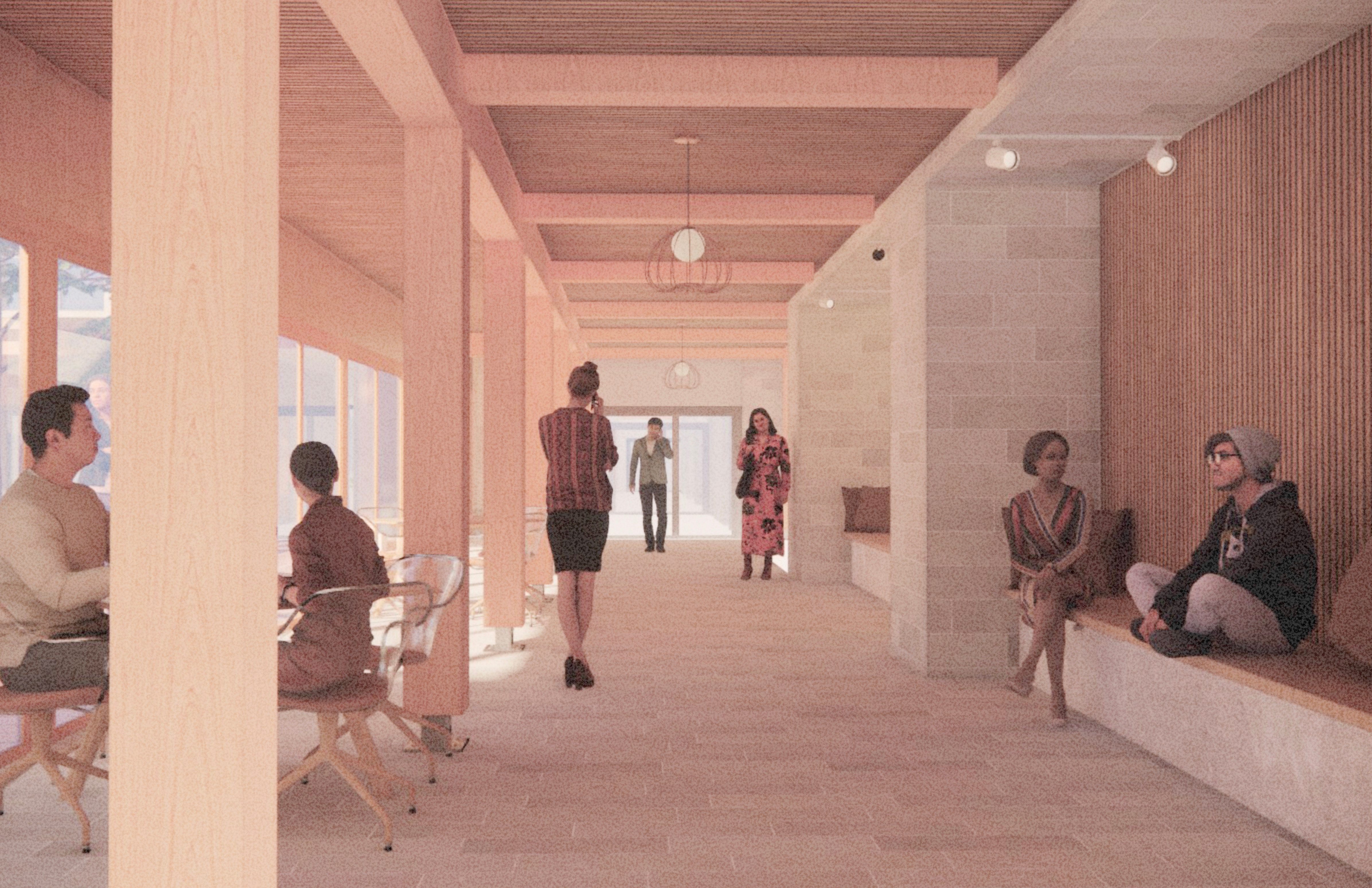 Interior rendering of The Urban Hearth showing a warm, light-filled corridor