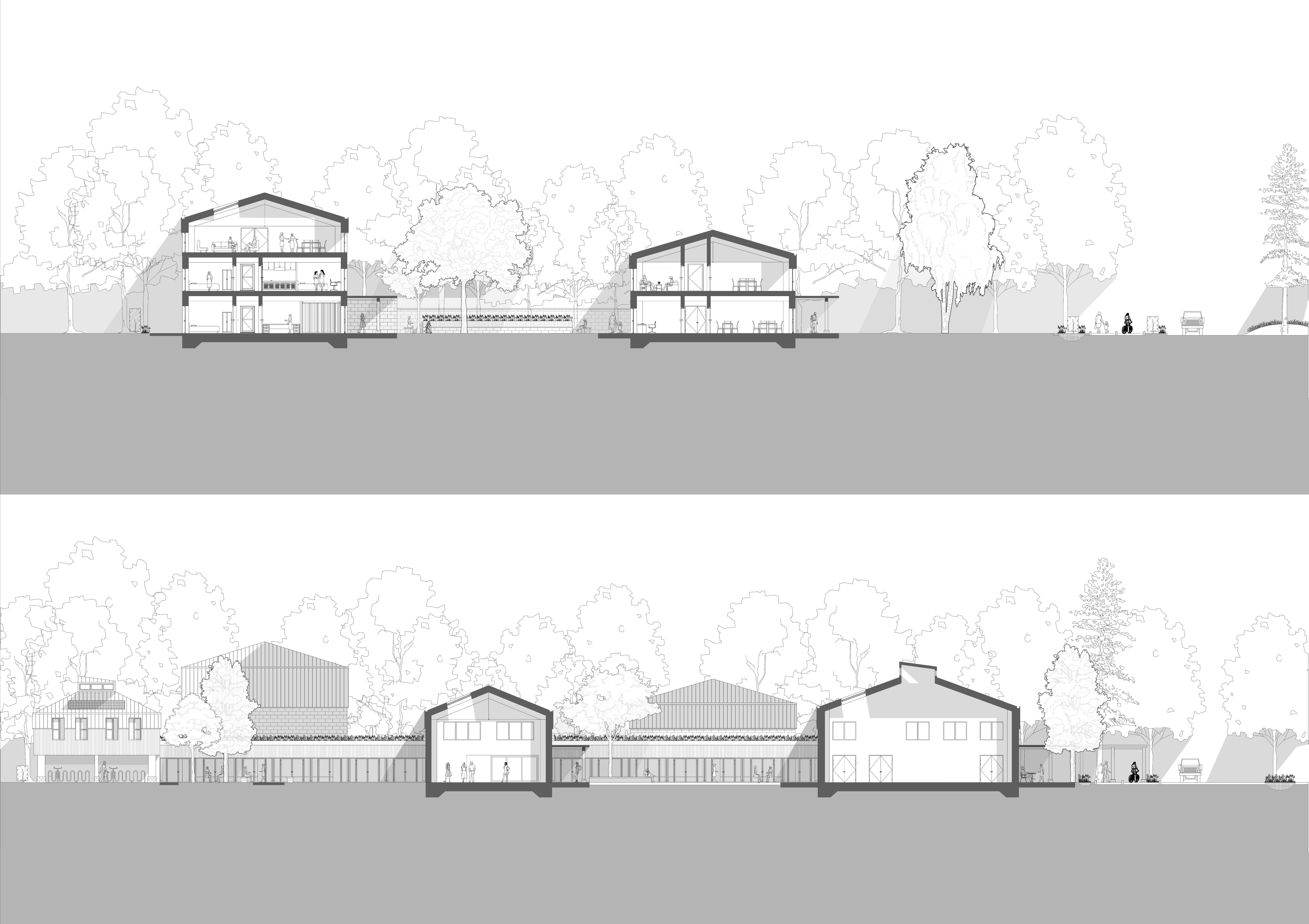 Architectural sections of The Urban Hearth