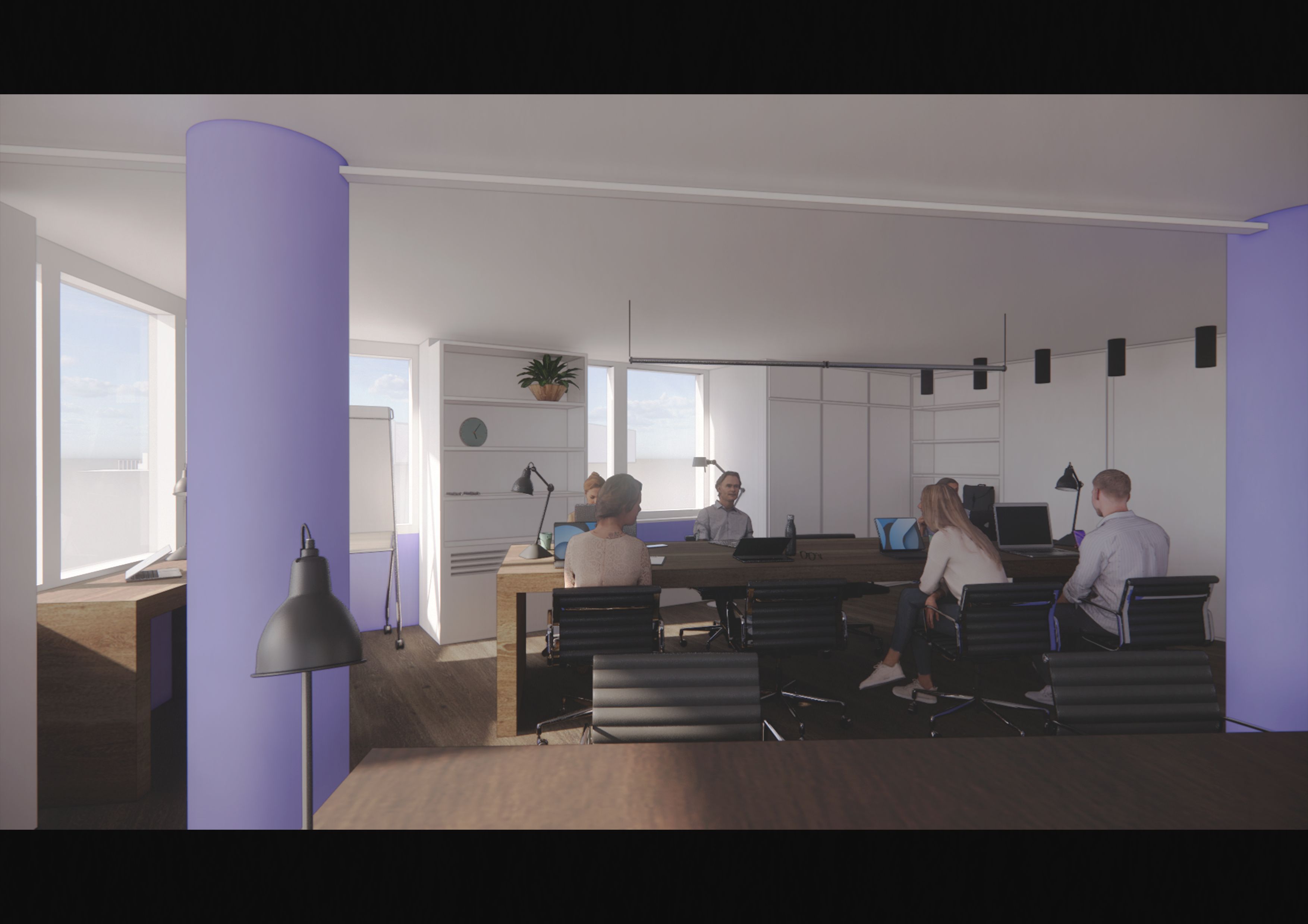 Modern co-working space interior with purple accent columns and collaborative workstations
