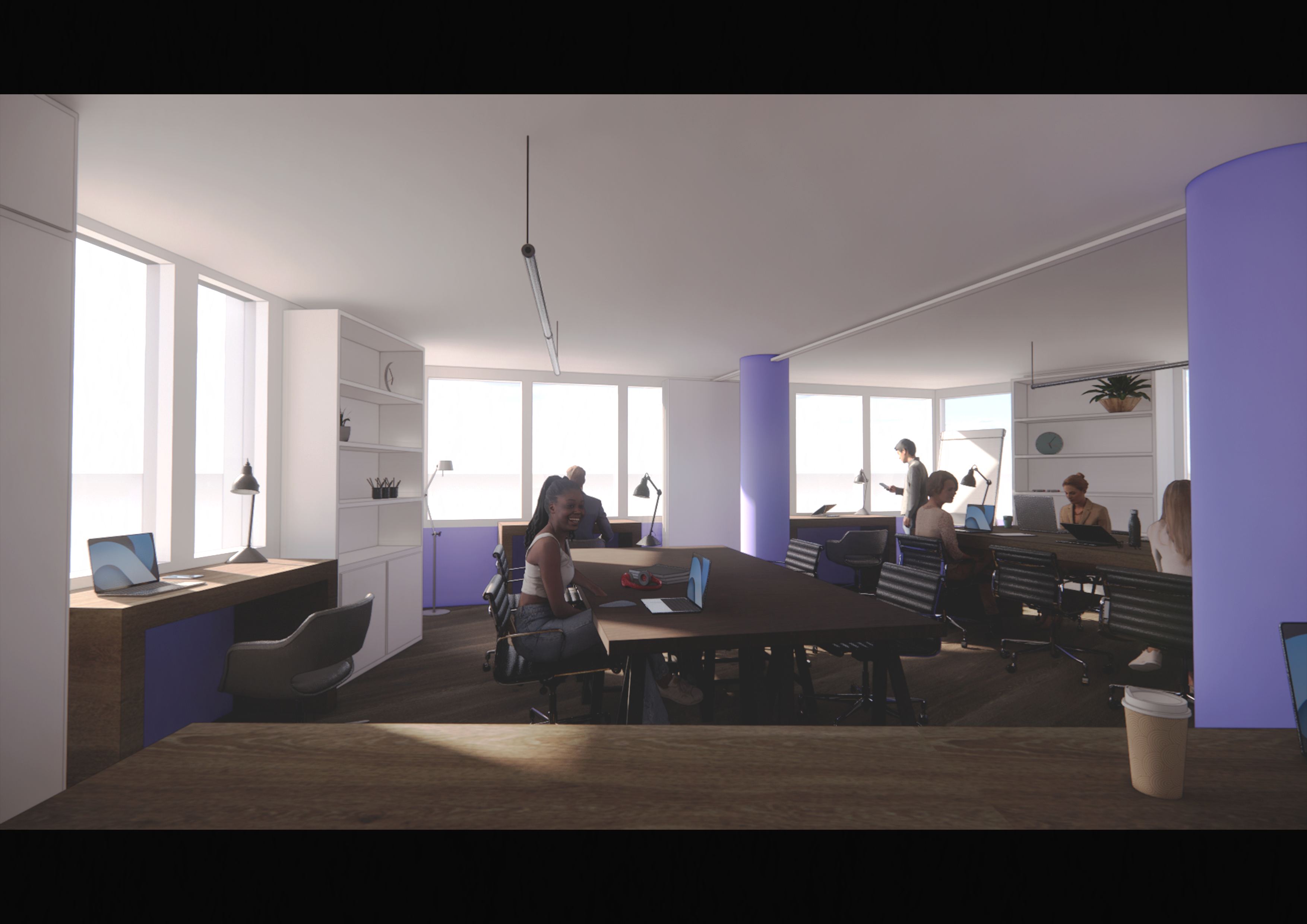 Alternative view of co-working space showing built-in storage and varied work areas